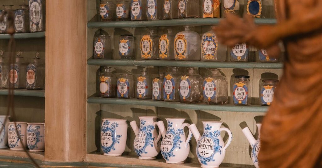 pexels-photo-29746450-29746450 A historic apothecary interior showcasing antique herbal jars and a wooden statue.